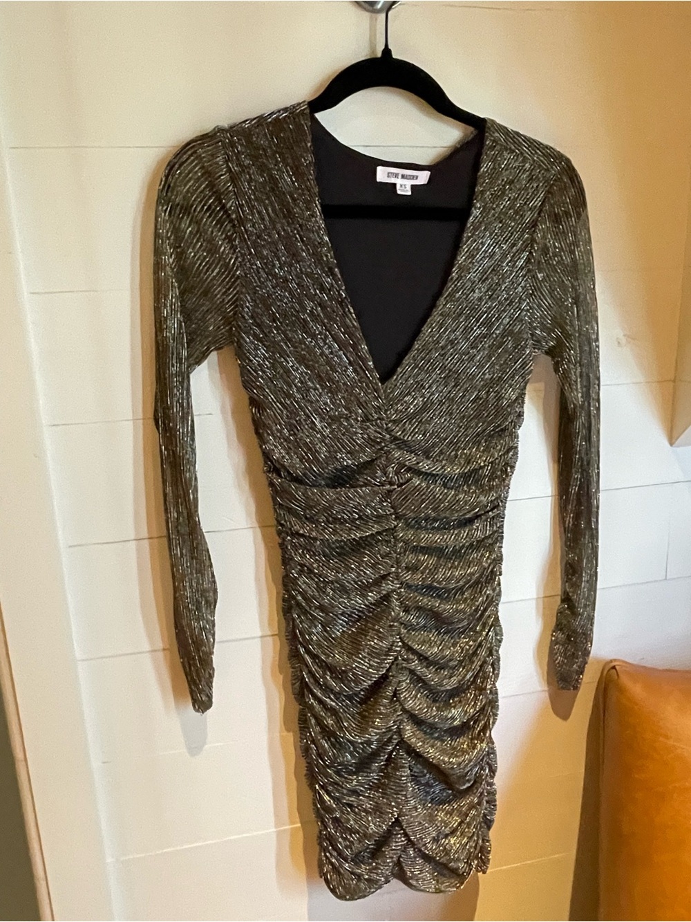 Steve Madden Olive Metallic Ruched V-Neck Long-Sleeve Dress